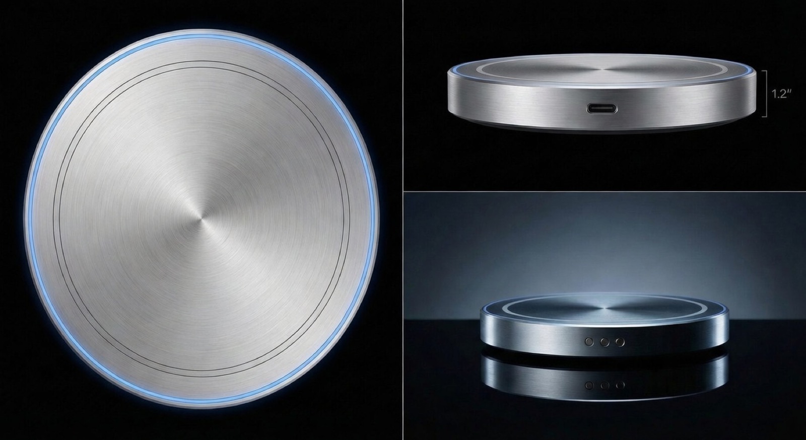 Pod Puck three-angle detail showing top view, side profile with USB-C port and 1.2 inch dimension, and three-quarter view with pogo pin connectors